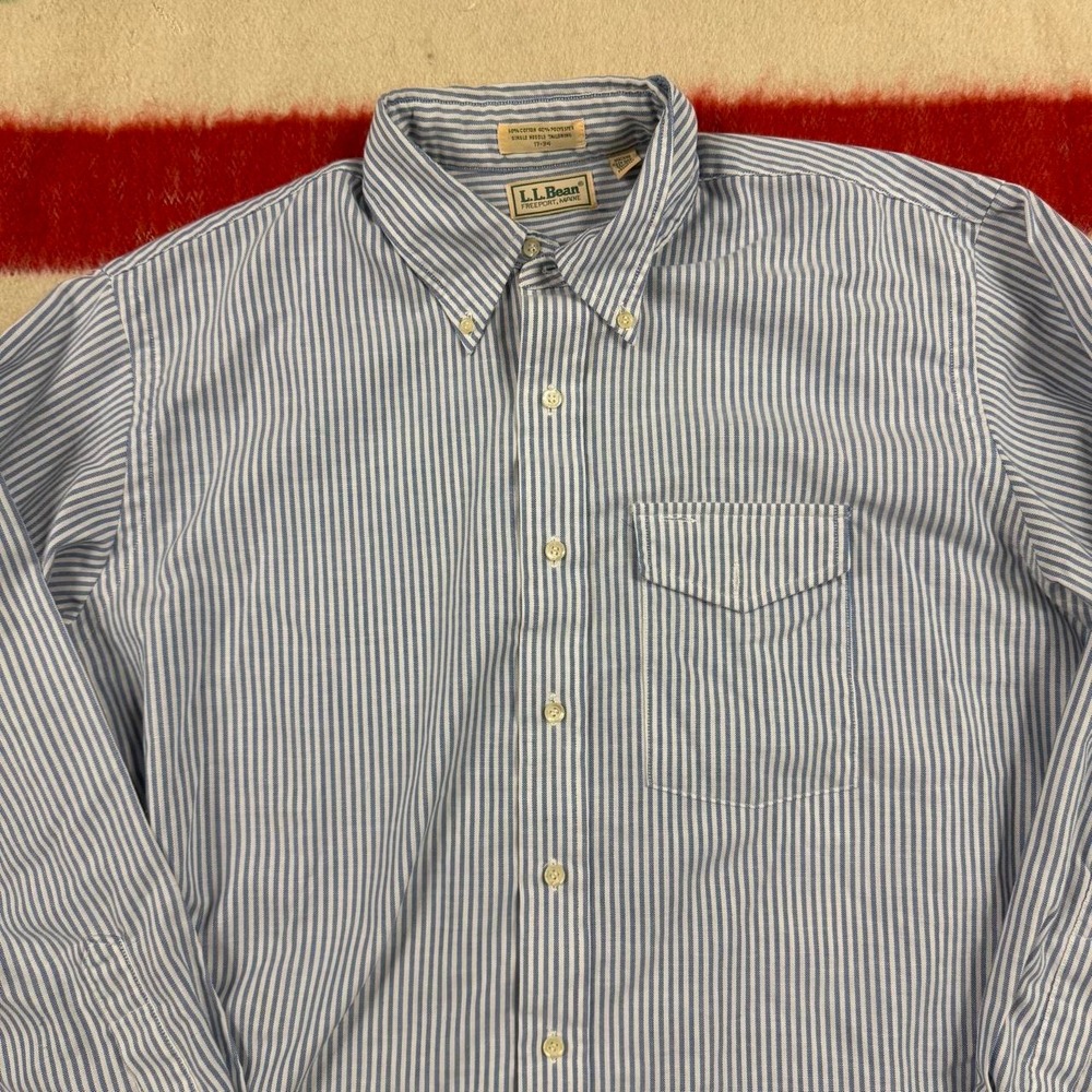 Vintage LL Bean Pinstripe Oxford Shirt Blue White Mens 17-34 Button Down 80s